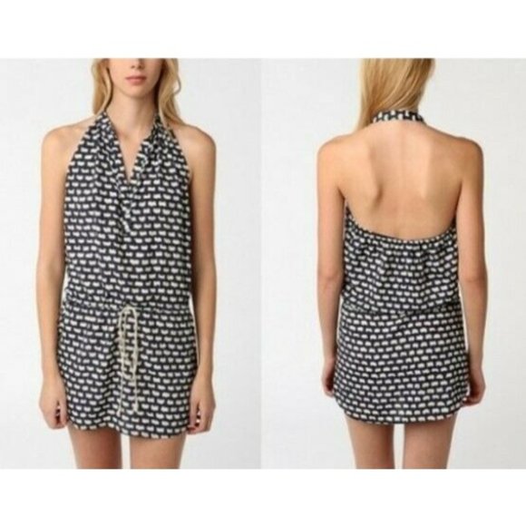 VASIA Top XS Boho Sleeveless Halter Open Back Sexy Navy Blue White Tunic - Picture 1 of 10